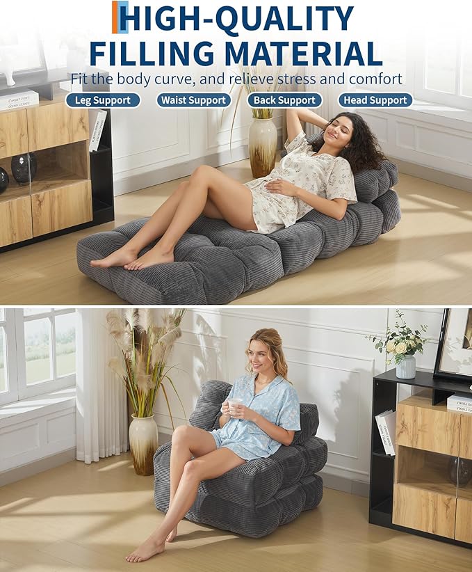 Garvee 3-in-1 Folding Convertible Sofa Bed with Pillow Foldable Matress with Back Support Comfy Portable Sleeper Chair Floor Sofa Lounge for Living Room Bedroom No Assemble Required Grey Single