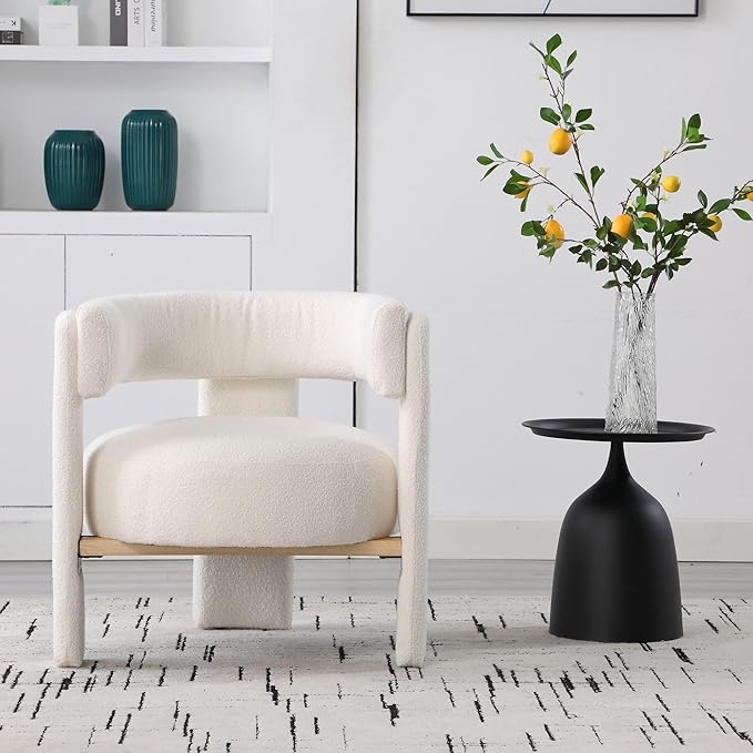 Wahson Modern Barrel Accent Chair | Boucle Upholstered Armchair Single Sofa Chair Side Chair for Living Room | Three Legs White Sherpa