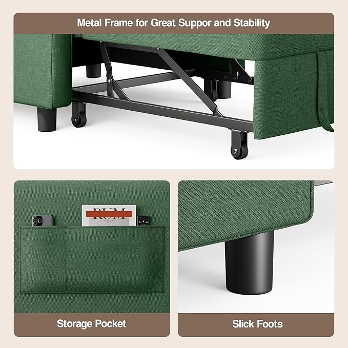 Ahomly Convertible Sleeper Chair Sofa Bed with 3-in-1 Design Adjustable Backrest and Storage Pocket for Living Room Green