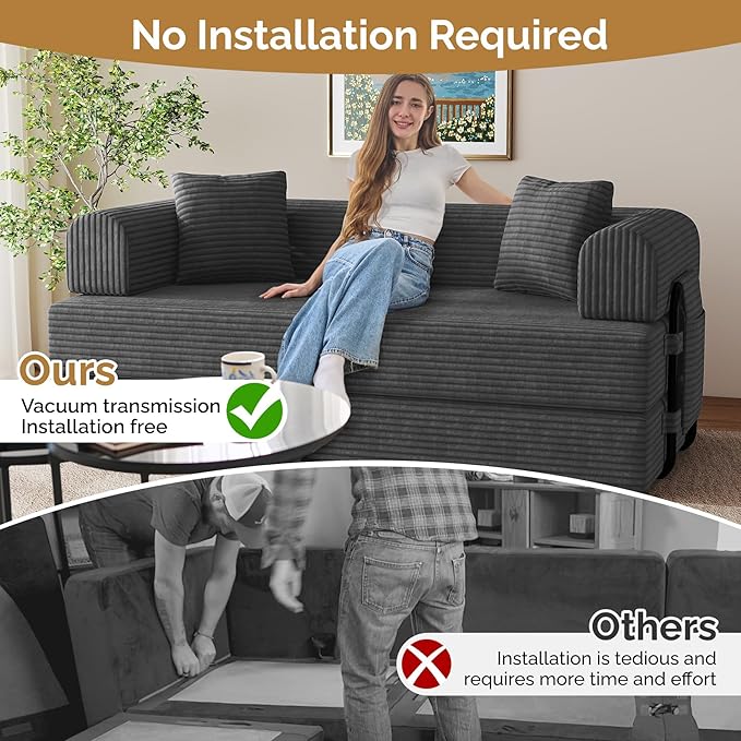Convertible Coarser Corduroy Sleeper Sofa Bed with Cylindrical Pillow Folding Mattress Couch with Fixed-Shape Frame Floor Sofa Lounge Couch for Living Room Bedroom Lounge Studio Dark Grey