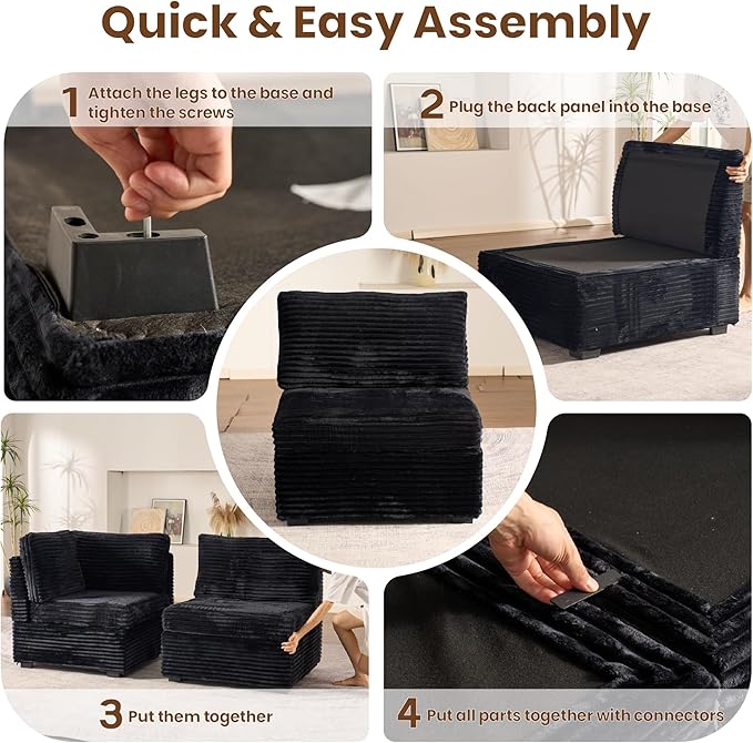 32.7'' Middle Seat for Modular Sectional Sofa Deep Seat Upholstered Armless Chair Sleeper Sofas L/U/V Shaped Plush Corduroy Cloud Couch for Living Room Apartment Black
