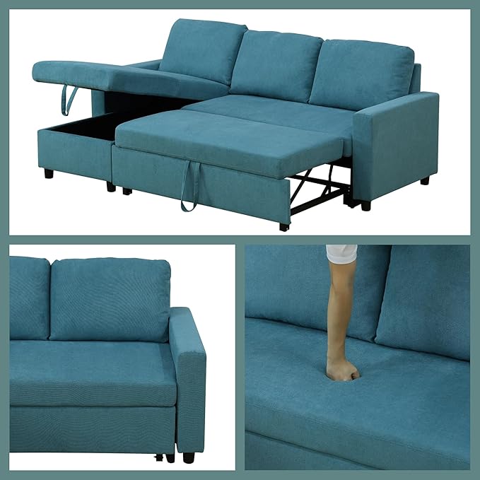 Sleeper Sofa Couch 2 in 1 Pull Out Couch Bed with Storage Chaise Small L Shaped Sectional Sleeper Sofas Bed Convertible Pullout Sofa for Living Room Blue