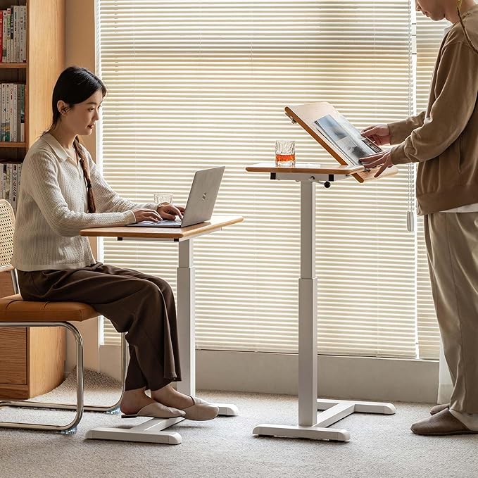 Height Adjustable Bedside Desk 100% Solid Wood Overbed Table with Wheels Rolling Laptop Table for Home Office Study Bedroom