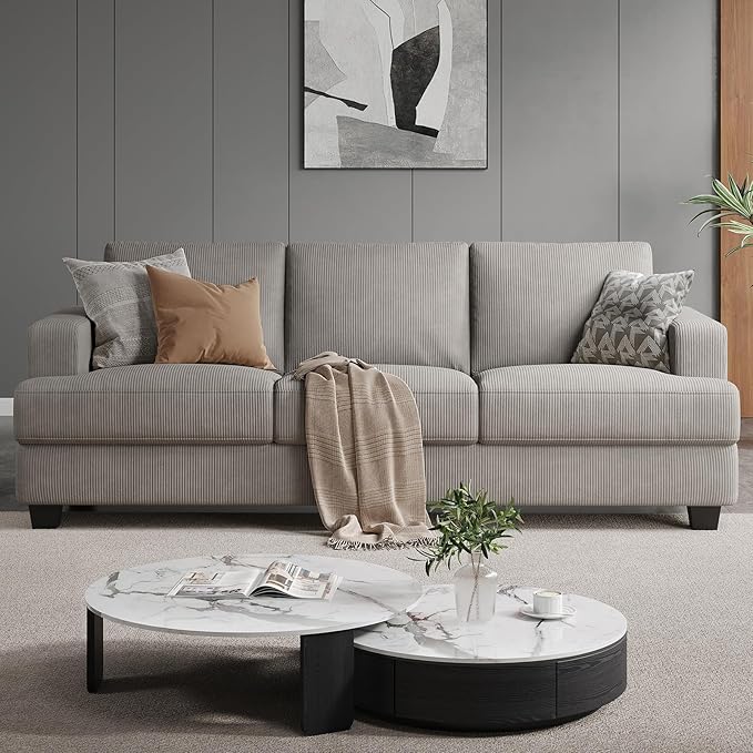 89 Inch Sofa with Extra Deep Seats Oversize 3 Seater Sofa for Living Room Modern Couch and Sofa Comfy Armrests and Seats and Backrests Easy Installation Corduroy Fabric Light Grey