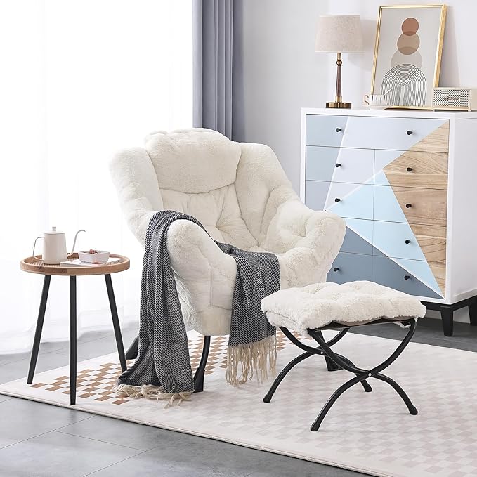 LITA Lazy Chair with Ottoman Modern Accent Leisure Upholstered Sofa Chair Lounge Reading Chair with Armrests and a Side Pocket for Living Room Bedroom &amp Small Space Plush Beige
