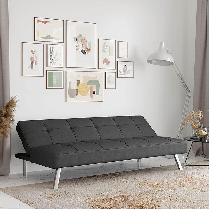 Serta® Rane 66.1 Convertible Futon Sofa Short Twin Size Modern Transitional Tufted Back and Seat Cushion Dream Coil® Comfort Fingerguard® Pinch Point Protection Woven Fabric Charcoal
