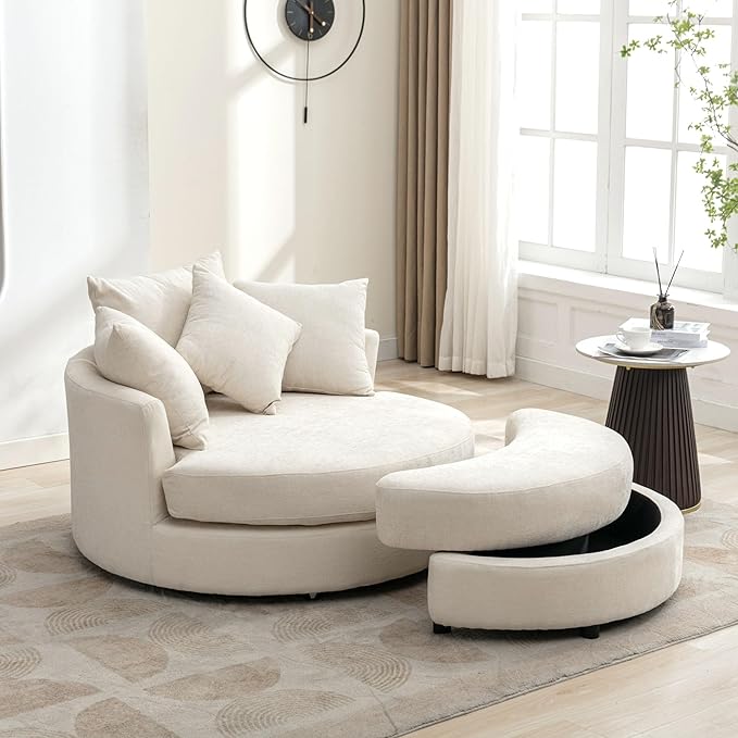 Yoglad Oversized Round Swivel Accent Chair - Modern 360 Degree Barrel Chairs with Storage Ottoman for Living Room Bedroom(Chenille- Cream)