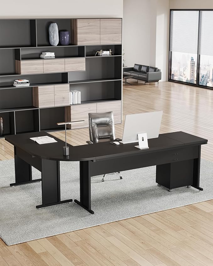 LITTLE TREE 82.67 Long Executive Desk Large L-Shaped Computer Office Desk with 3-Drawer Mobile File Cabinet Industrial Business Furniture Desk Workstation for Home Office Black