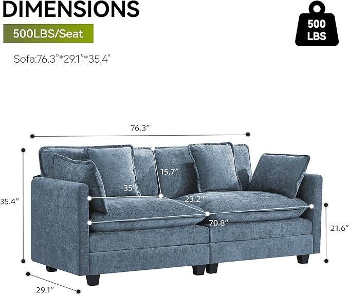 2-Seater Cloud Couch Oversized Comfy Modular Sectional Sofa with Deep Seat Cushions Chenille Loveseat for Living Room Apartment &amp Small Spaces Blue