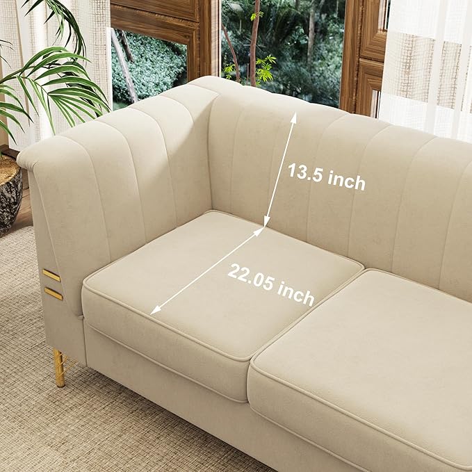 84'' L Modern 3 Seater Beige Velvet Sofa Couches with Metal Gold Legs for Living Room Mid Century Classic Tufted Chesterfield Sofa for Apartment