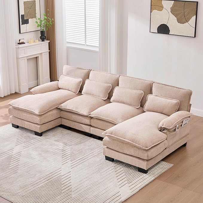 KEIKI 108 U-Shaped Chenille Modular Sectional Chenille Sofa with 2 Movable Ottoman &amp Pillows &amp 2 Side Pocket Oversized 4-Seater Couch with Memory Foam Cushion Easy Assembly for Living Room