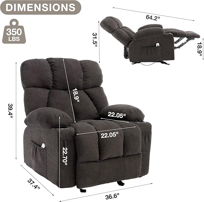 Massage Rocker Recliner Chair with Heat and Vibration Ergonomic Rocking Lounge Chair for Living Room Comfy Overstuffed Recliner with 4 Side Pockets2 Cup Holders USB Charge PortBlack