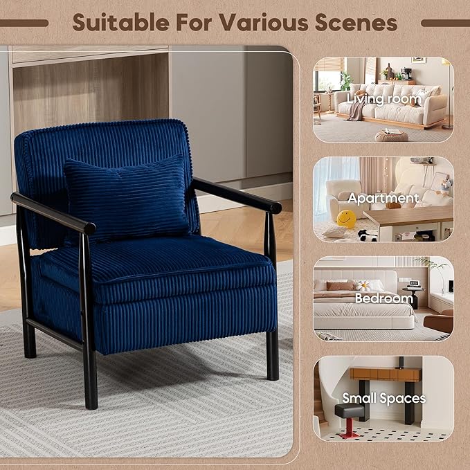 Yoglad Accent Chair with Storage Corduroy Fabric Reading Chair with Wood Frame Mid Century Modern Storage Armchair for Living Room Bedroom Apartment(Antique Blue)