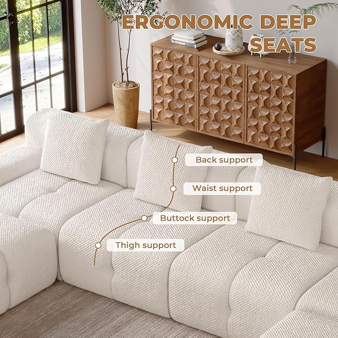 135 Modern L Shaped Modular Sectional Sofa 6 Seater Convertible Chenille Cloud Couch Sofa Set Boneless Couches for Living Room with Ottoman No Assembly Required White