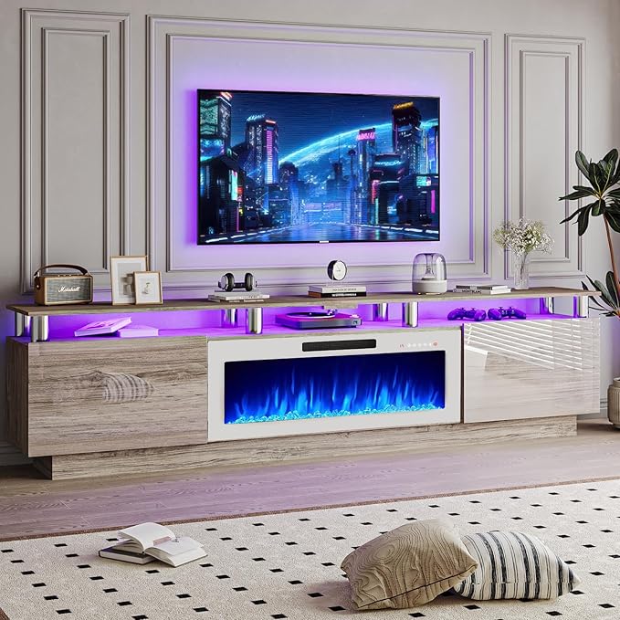 80 Modern Fireplace TV Stand with 36 Electric Fireplace for TVs Up to 90 inch Luxury LED Light Entertainment Center with High Gloss Cabinet Grey + Silver Posts with White Fireplace