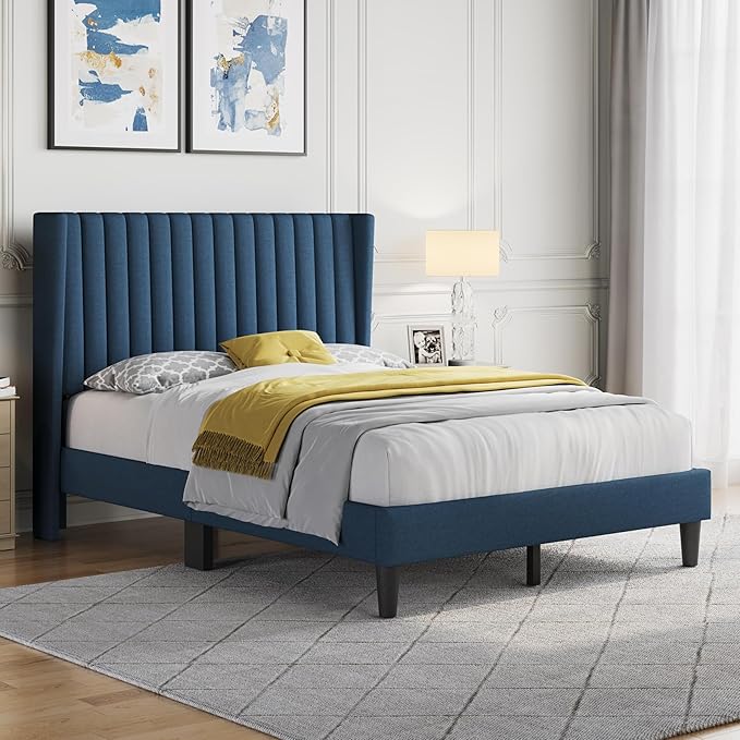 Yaheetech Full Size Bed Frame Upholstered Platform Bed with Wing Edge Headboard Square Tufted Fabric/Mattress Foundation/Wooden Slats Support/No Box Spring Needed/Easy Assembly/Navy Blue