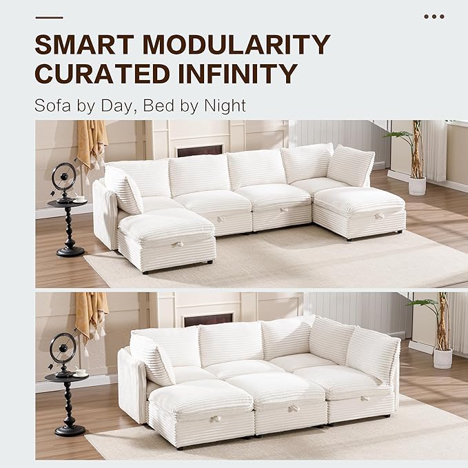 125 Oversized Modular 6 Seater Sofa with Removable Covers and Storage Convertible U L-Shaped and Sleeper Sectional Modern Corduroy Couches with Ottoman Chaise for Living Room Apartment White