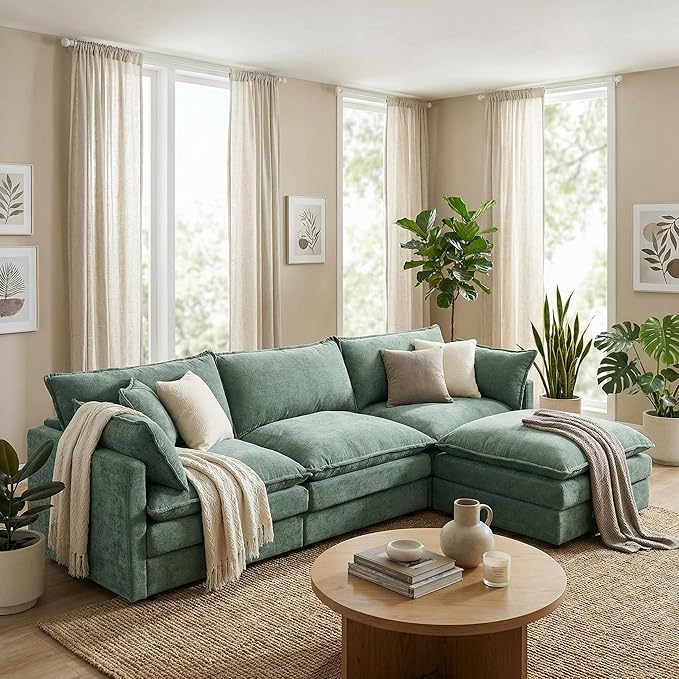 Homy Casa 102 Inch L Shaped Couch Set3-Seat Sectional Sofa with Chaise Comfortable Chenille Fabric Removable Cushions Ottoman DIY CombinationModern Design for Living/Family Room (Mint Green)