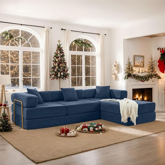 108 W Corduroy Modular Cloud Couch with Fixed-Shape Frame Oversized L-Shaped Sectional Sleeper Sofa Bed with Pull Out Bed No Assembly Modern Floor Boneless Couch for Living Room (Blue)