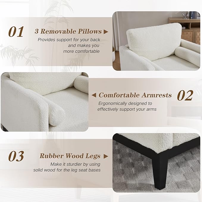 Mlmh &amp Kngwa 35.43 W Modern Accent Chair for Bedroom Upholstered Accent Chairs Single Sofa Chair with Wood Black Finish Legs Comfy Armchair for Living Room Office Ivory