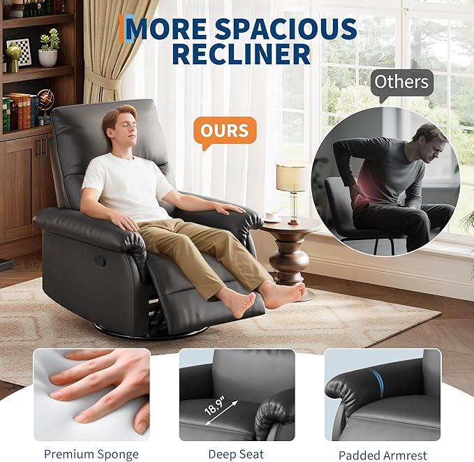 IDEALHOUSE Manual Recliner Chair 360° Swivel Rocker Glider Recliner with Padded Armrests Modern PU Leather Upholstered Reclining Chair for Living Room Bedroom and Nursery (Dark)