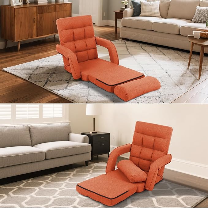 Adjustable Floor Chair for Adults with Back Suppor5-Position Folding Lazy Sofa with Pillow Gaming &amp Meditation Chair with Breathable Fabric - for Living Room Bedroom OfficeBalcony (Orange)