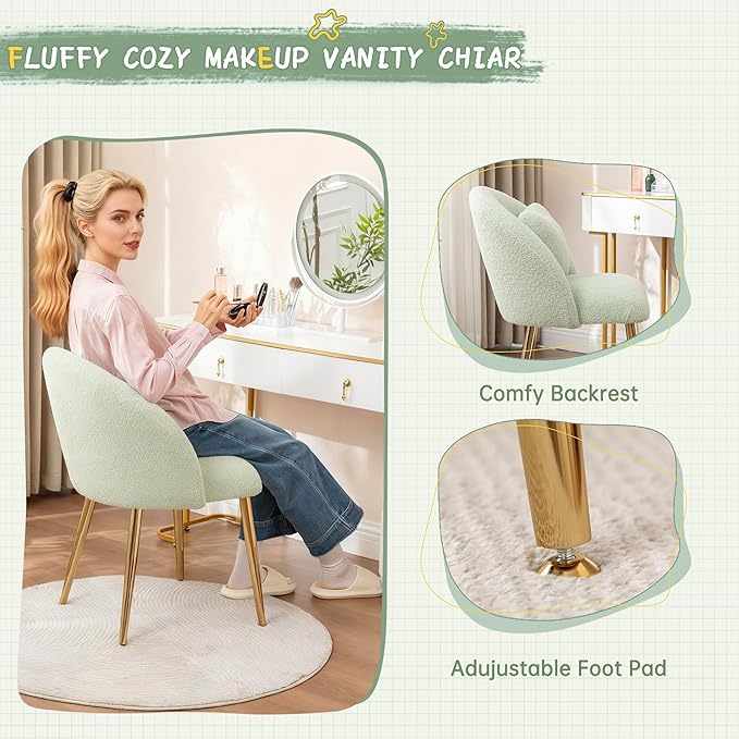 Vanity ChairAccent Makeup Comfy Cute Desk Girls Fluffy Chairs for Bedroom No Wheels Gold Metal Legs Stool (Teddy Green)