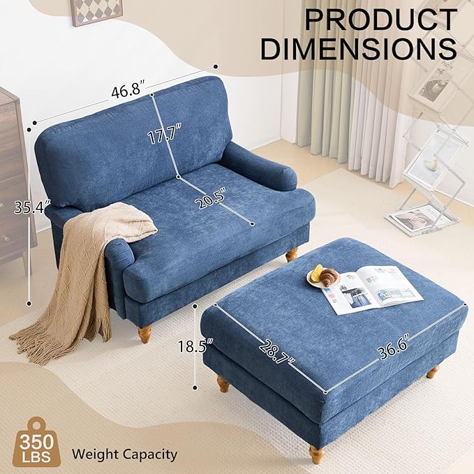 Bezseller Oversized Chair Indoor with Ottoman 46 W Upholstered Armrest Sofa Big Comfy Lounge Sofa Deep Seat Sleeper Chair for Living Room Apartment Bedroom Reading Room(Blue)