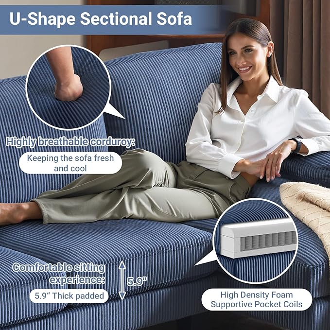 VINGLI 110 Sectional Couches for Living RoomU Shaped Couch with Double Chaise 4-Seat Sofa Set with Corduroy Fabric for Home FurnitureOcean Blue