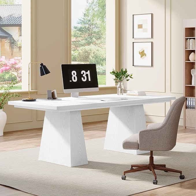 Tribesigns 63-Inch Executive Desk Large Office Computer Desk with Double Pedestal Modern Simple Workstations Writing Table Conference Table Business Furniture for Home Office White