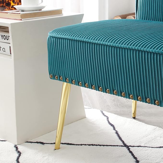 Modern Upholstered Pleated Velvet Accent Chair Tufted Dining Office Chairs Armless Slipper Chair Mid-Century Side Chair Single Luxury Sofa Chair with Golden Legs for Living Room Small SpaceTeal