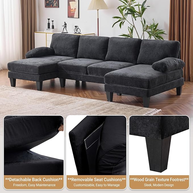 VINGLI 110 Sectional Couches for Living RoomU Shaped Couch with Double Chaise 4-Seat Sofa Set with Chenille Fabric for Home FurnitureBlack