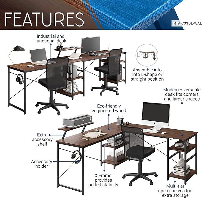 Techni Mobili Office Desk - Reversible L Shaped Desk with Storage Shelves Monitor Stand &amp Accessory Holder - Ergonomic &amp Industrial Workstation Corner Table with Durable Steel Frame Walnut