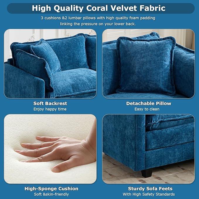 Sofa Couch for Living RoomModern Modular Sectional Sofa 1-Seat 42.1 Chenille Removable Memory Foam Sofa with 1 Throw Pillow for Bedroom ApartmentBlue