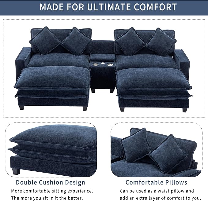 Sectional Sofa Chenille Upholstered with 2 Removable Ottoman 2 USB Ports 2 Cup Holders Large Storage Box for Living Room
