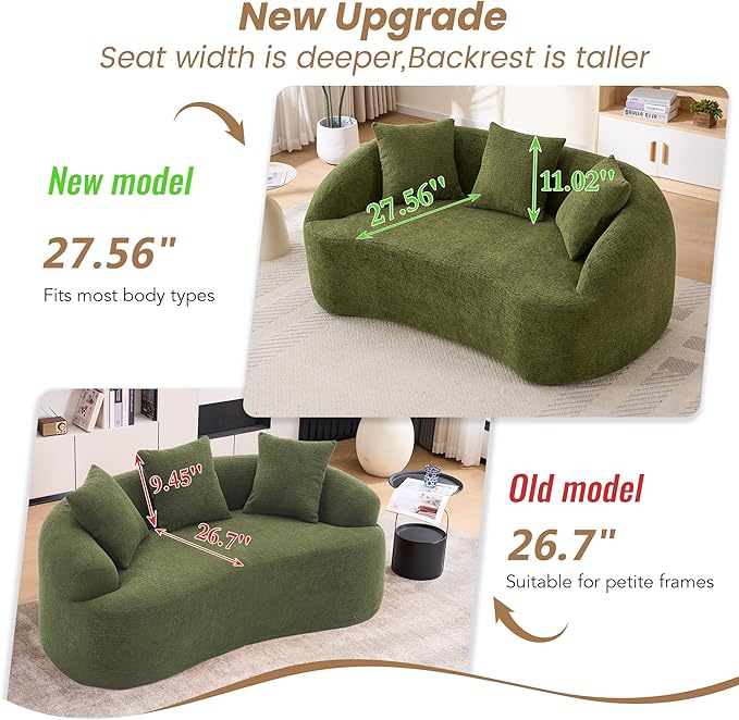 65.75 Curved LoveseatCozy Chenille Small Curved Sofa with 3 BackrestExtra Deep Seat Curved Cloud Floor Couch for BedroomOfficeApartment (Green 65.75 Inch)