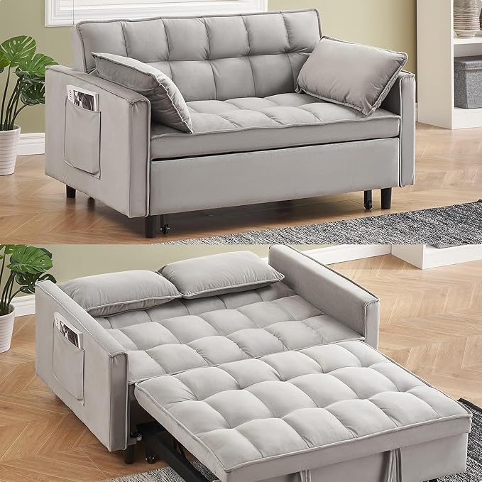 55 Sleeper Loveseat3 in 1 Sofa BedPull Out Couch Bed with 2 Pillows and Side PocketsVelvet Convertible Bed for Small Spaces Living Room (Gray)