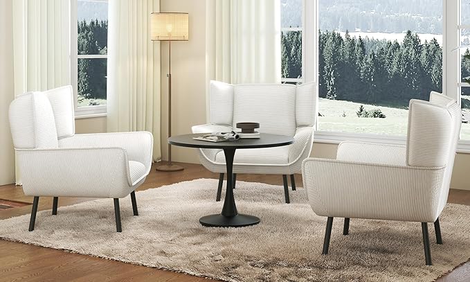 AMERLIFE Accent Chair Set- Upholstered Living Room Chair with High Wingback White Reading Armchair for Meeting Room Comfy Corduroy Chair Set of 3