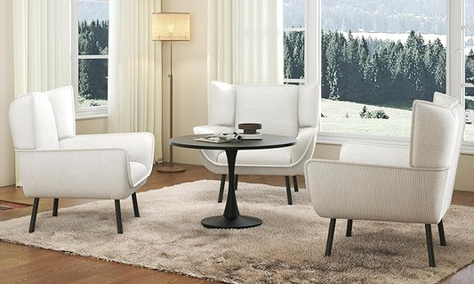 AMERLIFE Accent Chair Set- Upholstered Living Room Chair with High Wingback White Reading Armchair for Meeting Room Comfy Corduroy Chair Set of 3