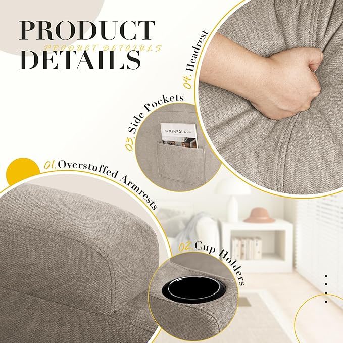 Recliner Chair 360° Swivel Rocker Chair for Adults Rocking Recliner Chair with Massage Comfy Single Sofa with Side Pockets Cup Holders for Living Room Bedroom Nursery (Fabric Khaki)