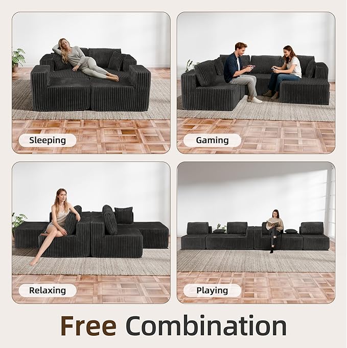 132 U Shaped Sectional Couch Large Modular Cloud Couches with Double Chaise Lounge Comfy Corduroy Cloud Sofa with Pillows Boneless Couches for Living Room Grey
