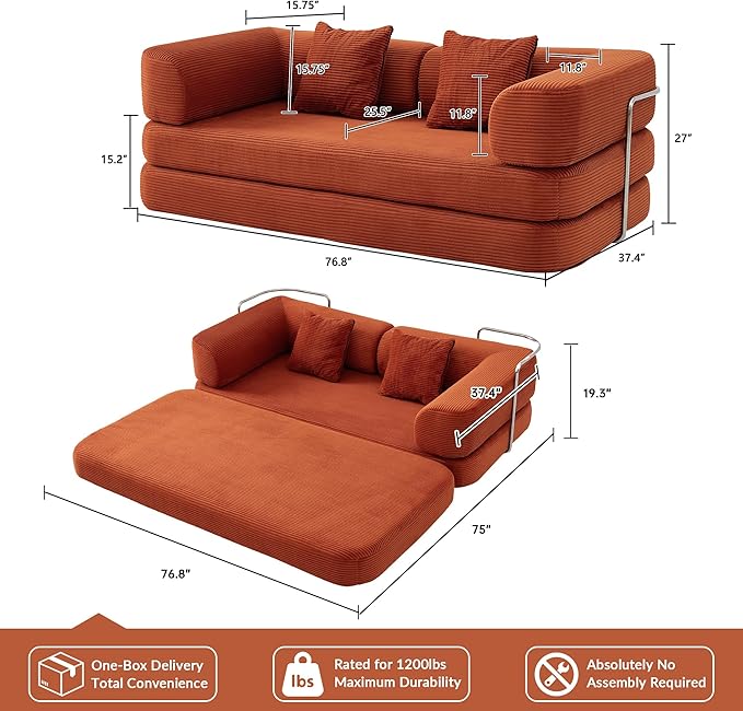 5-in-1 Convertible Sofa Bed Boneless Floor Couch Queen Size with Magic Pillow Blankets Zero-Assembly Sleeper Futon for Apartments Renters &amp Micro-Living Spaces Orange