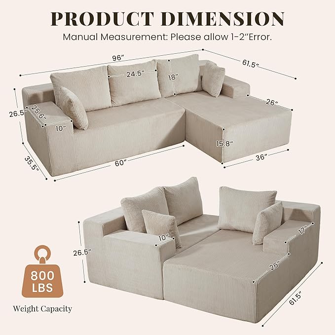 Cloud Sectional Boneless Couches for Living Room Modular L Shaped Couch with Deep Seat Oversized Right Facing Chaise Memory Foam Compressed Spineless 3 Seater Sofa for Apartment Taupe | No Assembly