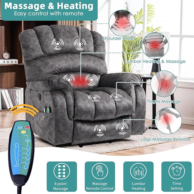 MEETWARM Large Power Lift Electric Recliner Chair with Extended Footrest for Elderly Big and Tall Lift Chair for Seniors Reclining Chair with Vibration Massage and Heated USB Ports(Plush-Grey)