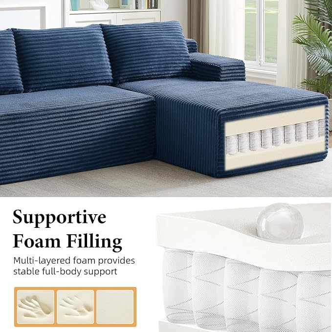 Boneless Couch Corduroy Cloud Sofa 96'' Sectional Couches Deep Seat L-Shaped Sofa No Assembly Pet-Friendly Apartment Couch for Living Room Small Spaces in a Box