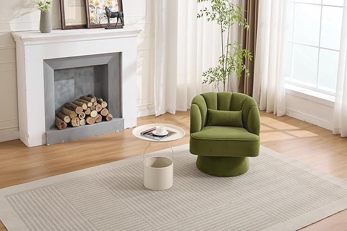 Swivel Barrel Chair - Velvet Upholstered Modern Armchair with Striped Backrest &amp Plush Padding Round Lounge Chair for Living Room Bedroom Small Spaces Green - (2 Pcs)
