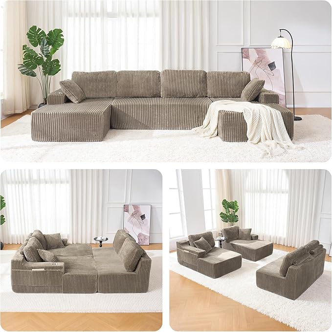 130'' U Shaped Cloud Sectional Couch Modular Boneless Couch for Living Room Corduroy Fabric Cloud Sofa with Supported Pillows and 2 Cup Holders No Assembly Brown