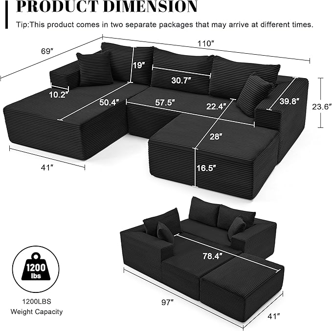 110” Cloud Sectional Couch Modular Sectional Sofa with Deep Seat Boneless Sofa for Living Room Fluffy Comfy U-Shaped Couch with Left Facing Chaise No Assembly Required Black