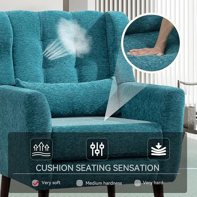 Accent Chair Set of 2 Upholstered Armchair with Pillow Fabric Single Sofa Chair with Lounge Seat and Wood Legs Accent Chair for Living Room Small Spaces (Teal)