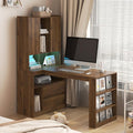 L-Shaped Home Office Desk with Hutch &amp Drawers Modern Corner Desk with LED Light &amp Bookshelf Wood Study Writing Table Gaming Computer Desk for Bedroom Home Wood